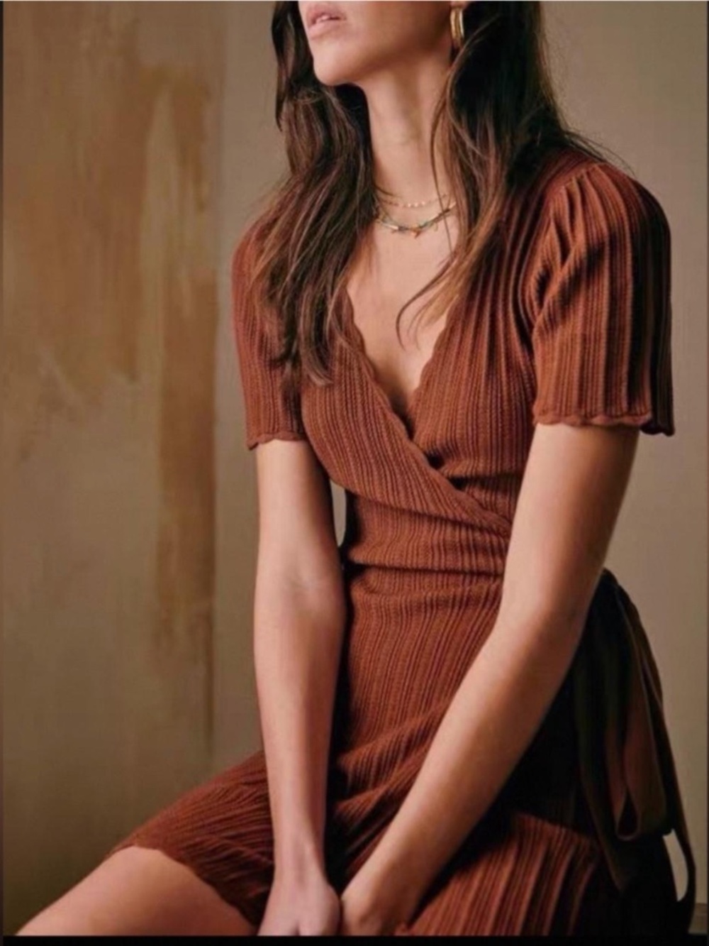 Sezane Louisa Knit Wrap Dress in Burgundy